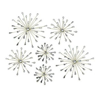 Set of 6 Gold Finish Crystal Jeweled Rhinestone Starburst Metal Wall Hangings