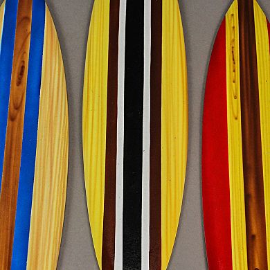 Set of 3 Wooden Surfboard Wall Sculpture Red Blue Brown Racing Stripe 16 Inch