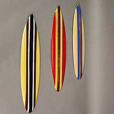 Set of 3 Wooden Surfboard Wall Sculpture Red Blue Brown Racing Stripe 16 Inch