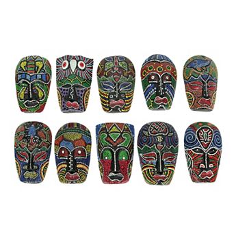 Set of 10 Hand-Carved Tropical Dot Painted Masks, 5 Inch Wall Decor