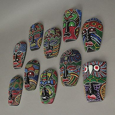 Set of 10 Hand-Carved Tropical Dot Painted Masks, 5 Inch Wall Decor