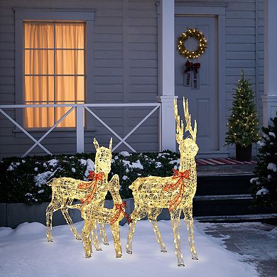 LuxenHome 3-Piece Deer Family Outdoor Holiday Decoration Set with Lights and Timer