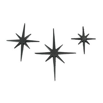 Set of 3 Black Cast Iron 8 Pointed Starburst Wall Hangings Mid Century Stars