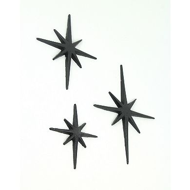 Set of 3 Black Cast Iron 8 Pointed Starburst Wall Hangings Mid Century Stars