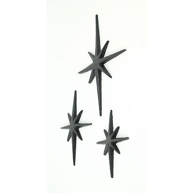Set of 3 Black Cast Iron 8 Pointed Starburst Wall Hangings Mid Century Stars