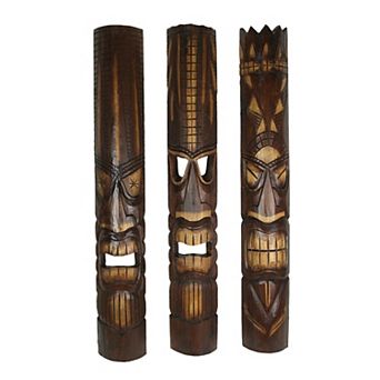 40 Inch Carved Wood Tiki God Masks Tropical Beach Hawaiian Home Decor Set of 3