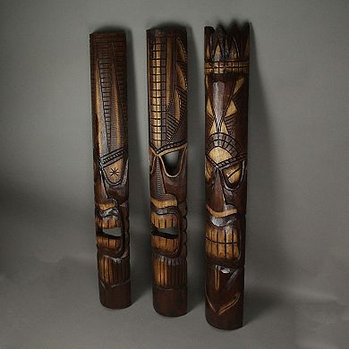 40 Inch Carved Wood Tiki God Masks Tropical Beach Hawaiian Home Decor Set of 3