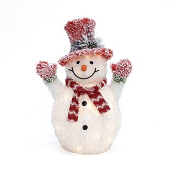 LuxenHome 2Ft Lighted White Tinsel Frosted Snowman with Red Top Hat, Outdoor Holiday Decoration