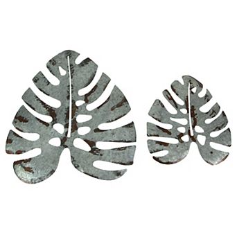 Set of 2 Galvanized Zinc Finish Metal Monstera Leaf Sculptures Wall Hangings