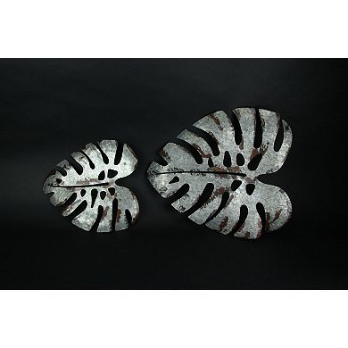 Set of 2 Galvanized Zinc Finish Metal Monstera Leaf Sculptures Wall Hangings