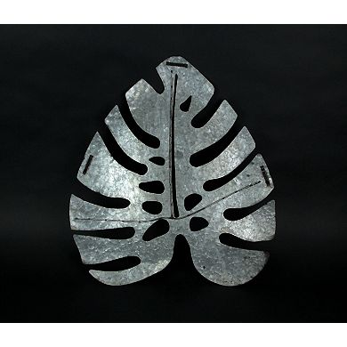 Set of 2 Galvanized Zinc Finish Metal Monstera Leaf Sculptures Wall Hangings