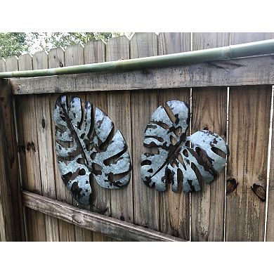Set of 2 Galvanized Zinc Finish Metal Monstera Leaf Sculptures Wall Hangings