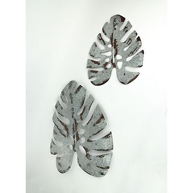 Set of 2 Galvanized Zinc Finish Metal Monstera Leaf Sculptures Wall Hangings