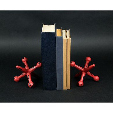 Distressed Red Enamel Painted Cast Iron Giant Jack Shaped Bookends