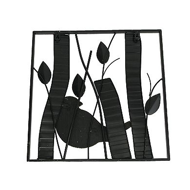 Set / 2 Rustic Green Wood & Metal Leaf Birds & Branches Wall Sculpture Art Decor