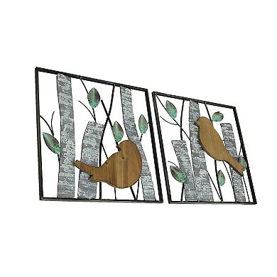 Set / 2 Rustic Green Wood & Metal Leaf Birds & Branches Wall Sculpture Art Decor