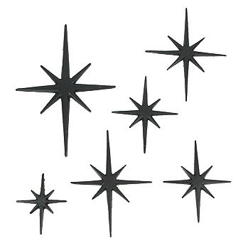 Set of 6 Black Cast Iron Starburst Wall Hangings Mid Century 8 Pointed Stars