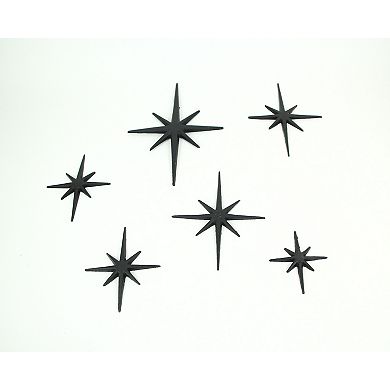 Set of 6 Black Cast Iron Starburst Wall Hangings Mid Century 8 Pointed Stars