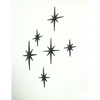 Set of 6 Black Cast Iron Starburst Wall Hangings Mid Century 8 Pointed Stars