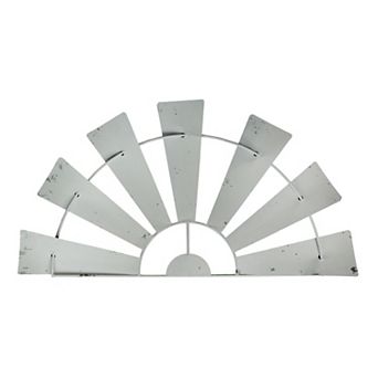 24 Inch Weathered White Metal Half-Windmill Wall Sculpture Rustic Home Decor Art