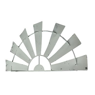 24 Inch Weathered White Metal Half-Windmill Wall Sculpture Rustic Home Decor Art