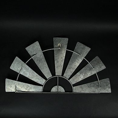 24 Inch Weathered White Metal Half-Windmill Wall Sculpture Rustic Home Decor Art