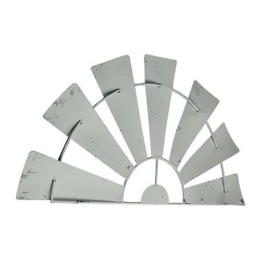 24 Inch Weathered White Metal Half-Windmill Wall Sculpture Rustic Home Decor Art
