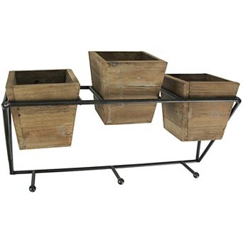 Wood and Wrought Iron Triple Planter Wall Hook Rack