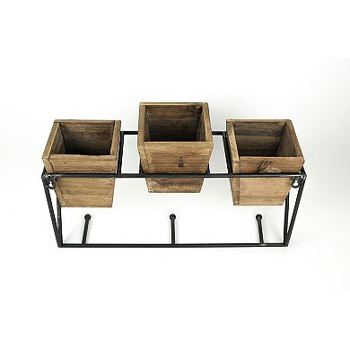 Wood and Wrought Iron Triple Planter Wall Hook Rack