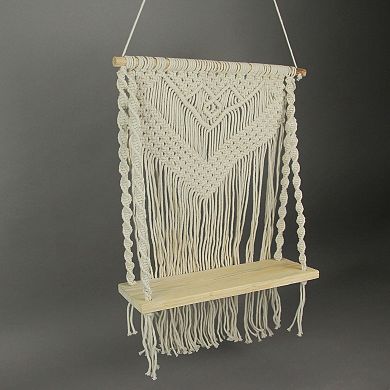 Boho Style Hand Tied Macrame Wall Hanging With Wooden Shelf