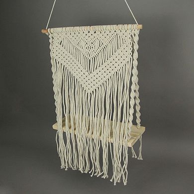 Boho Style Hand Tied Macrame Wall Hanging With Wooden Shelf