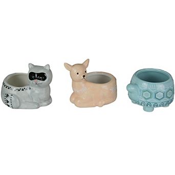 3 Forest Critters Raccoon Deer and Tortoise Dolomite Ceramic Mini Planters