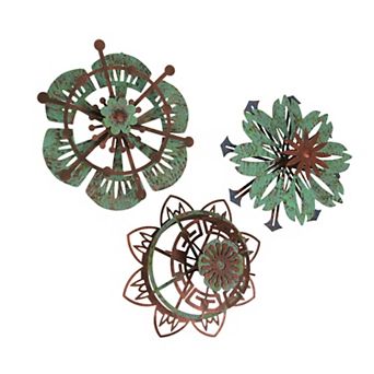 Set of 3 Metal Flower Wall Art Copper Verdigris Hanging Decor Floral Sculpture