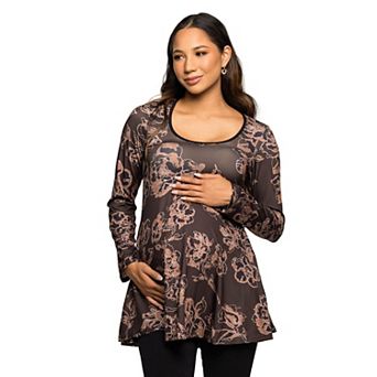 Maternity 24Seven Comfort Apparel Long Sleeve Floral Print Tunic Top