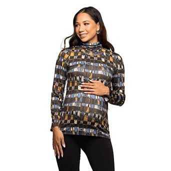 Maternity 24Seven Comfort Apparel Mock Neck Long Sleeve Printed Top