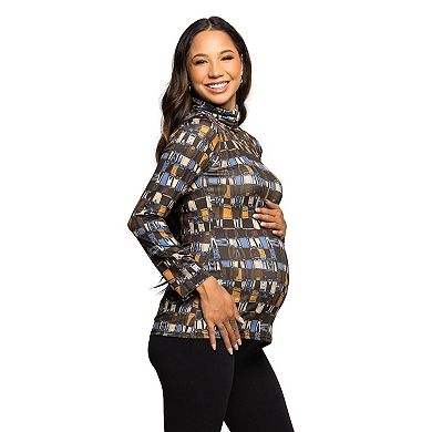 Maternity 24Seven Comfort Apparel Mock Neck Long Sleeve Printed Top