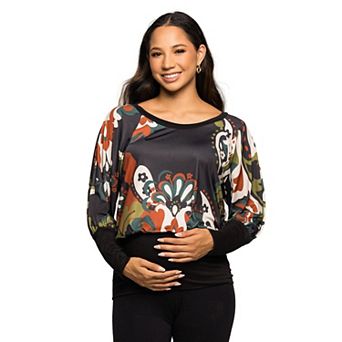 Maternity 24Seven Comfort Apparel Paisley Dolman Sleeve Banded Top