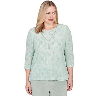 Women’s Alfred Dunner Floral Velvet Soutache Mesh Top with Necklace