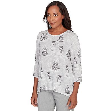 Women's Alfred Dunner Playful Snowmen Scene Knit Top