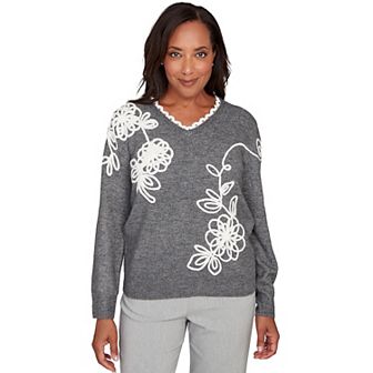 Women's Alfred Dunner Ruffle V-Neck Floral Soutache Sweater