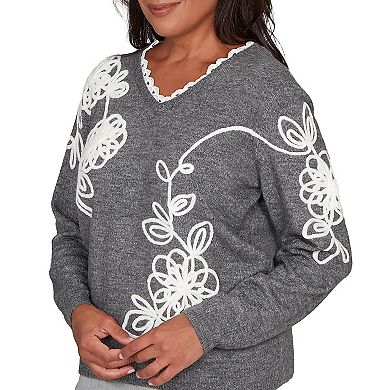 Women's Alfred Dunner Ruffle V-Neck Floral Soutache Sweater