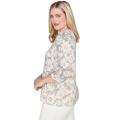 Women's Alfred Dunner Ombre Floral Knit Three-Quarter Sleeve Top