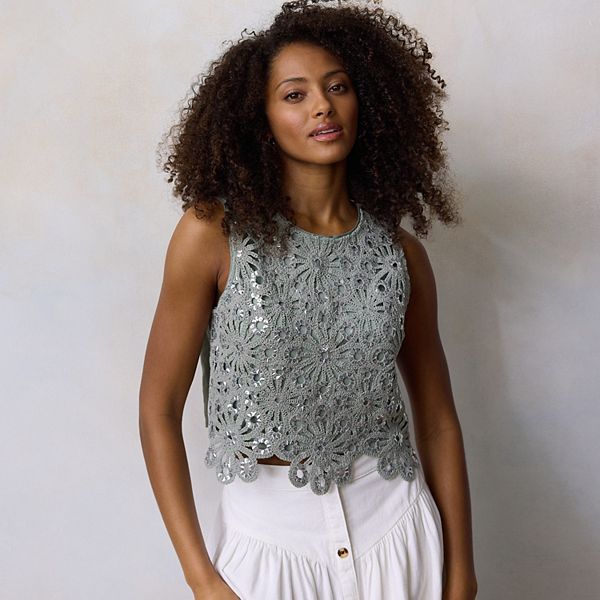 リ*サ様 layered lace tank チョウピラコ Women's LC Lauren Conrad Sequin Floral Crochet Tank Top