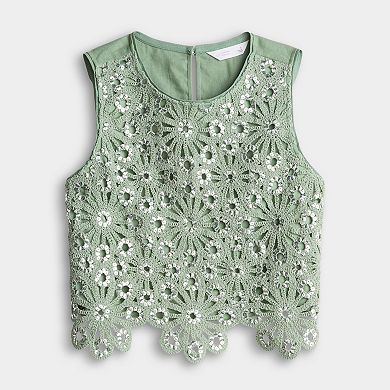 Petite LC Lauren Conrad Sequin Floral Crochet Tank Top