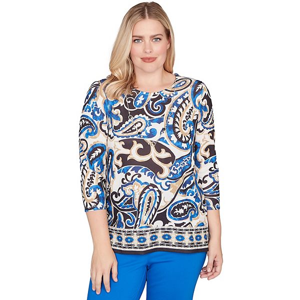 Alfred Dunner Paisley Swirl Sharkbite Hem Top with Necklace- Petite