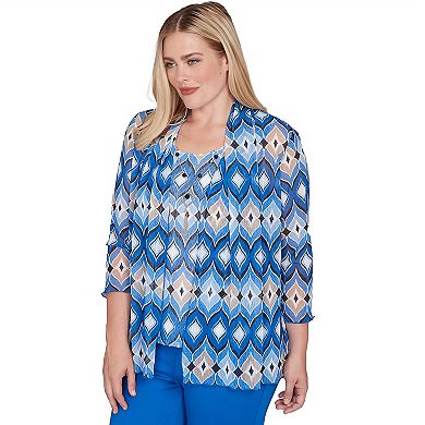 Women's Alfred Dunner Geometric Mesh 2-in-1 Top with Necklace