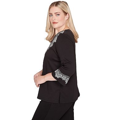 Women's Alfred Dunner Embroidered Scroll Accent V-Neck Soft Knit Top