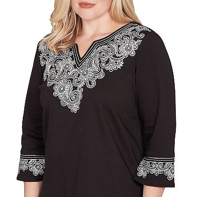 Women's Alfred Dunner Embroidered Scroll Accent V-Neck Soft Knit Top