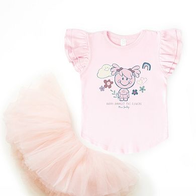 Mini Smiley Happy Amongst The Flowers - Flutter Sleeve Graphic T-Shirt