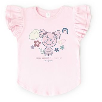 Mini Smiley Happy Amongst The Flowers - Flutter Sleeve Graphic T-Shirt